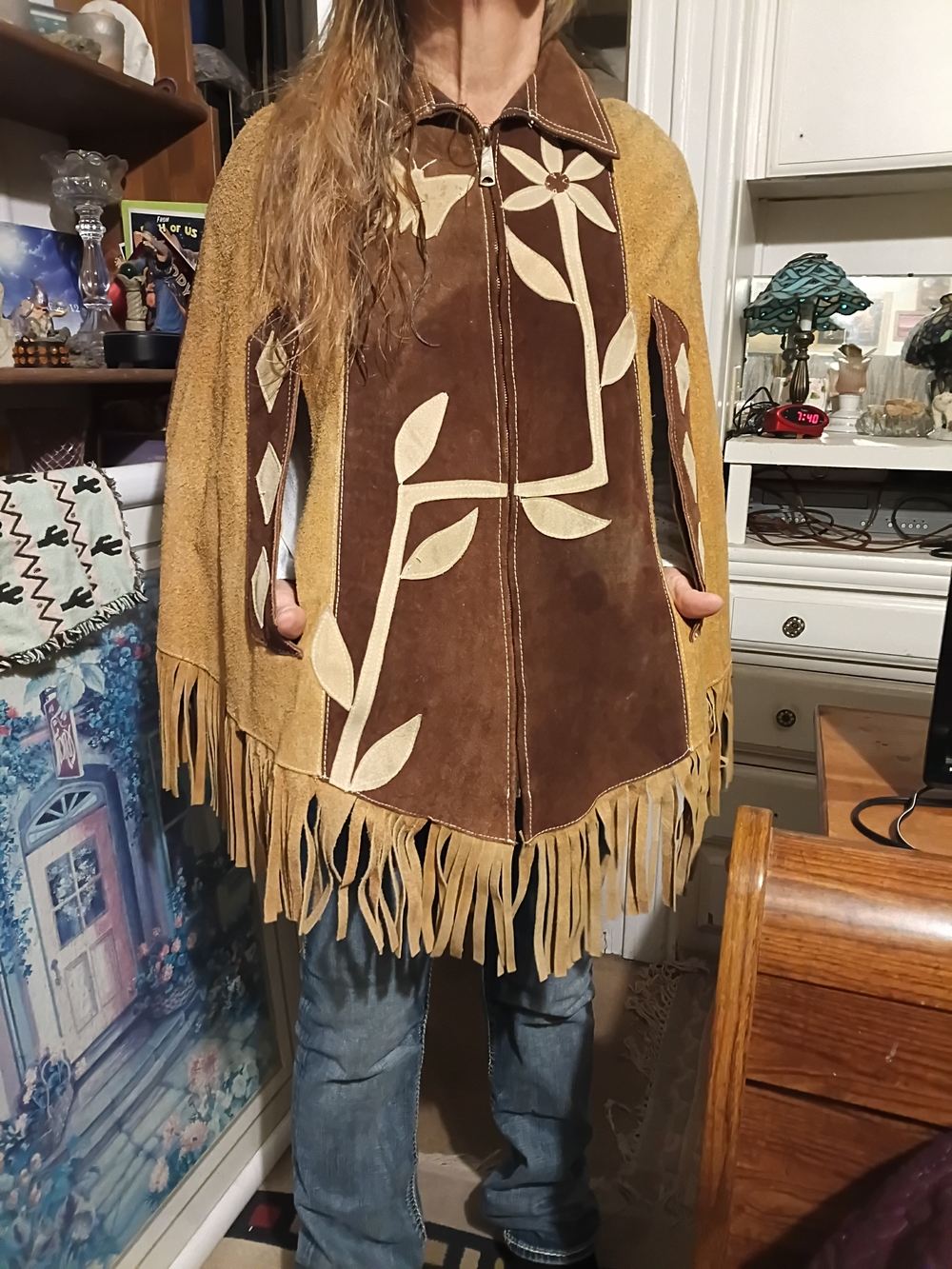 Vintage Brown & Tan Suede Fringe Poncho with Floral Appliqué - Picture 2 of 6
